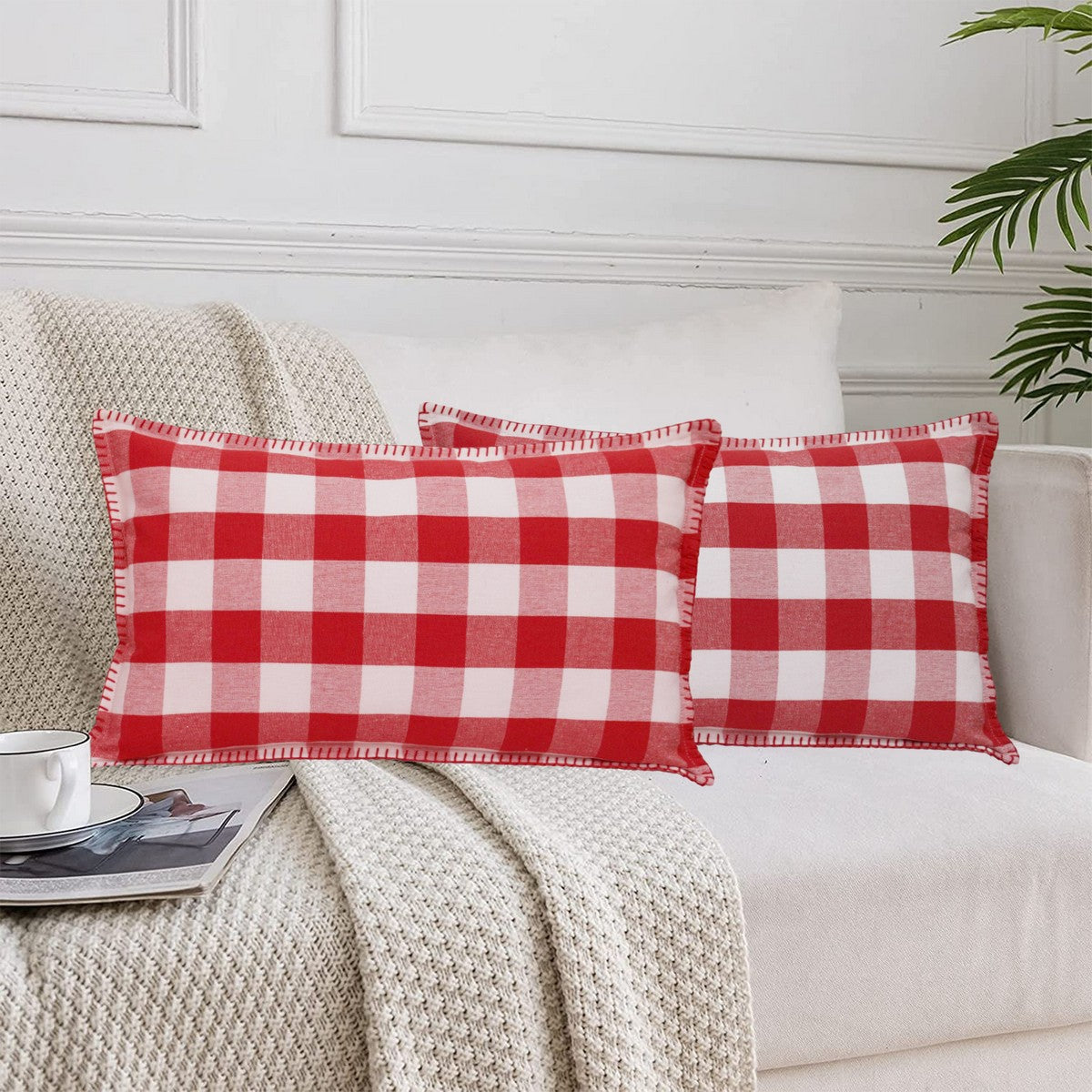 Lushomes Rectangle Cushion Cover Set of 2, 12x20 Inch, Red and White Checks, Cotton, Blanket Stitch, 30x50 Cms.