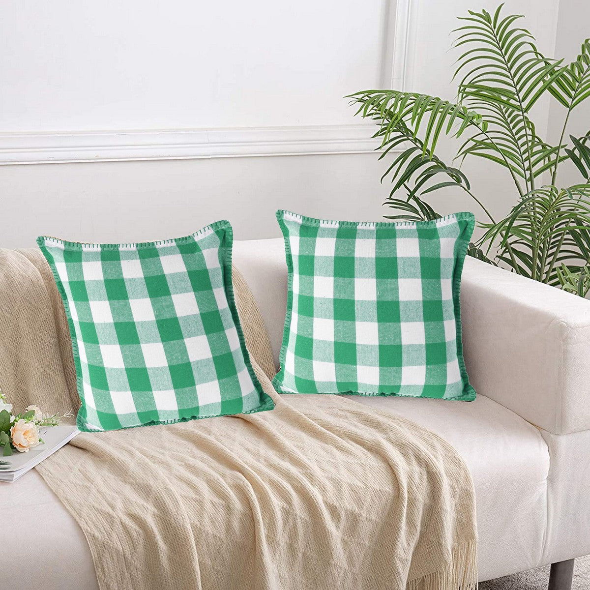 Lushomes Cushion Cover Set of 2, 16x16 Inch, Green & White Checks, Cotton, Blanket Stitch, 40x40 cm.