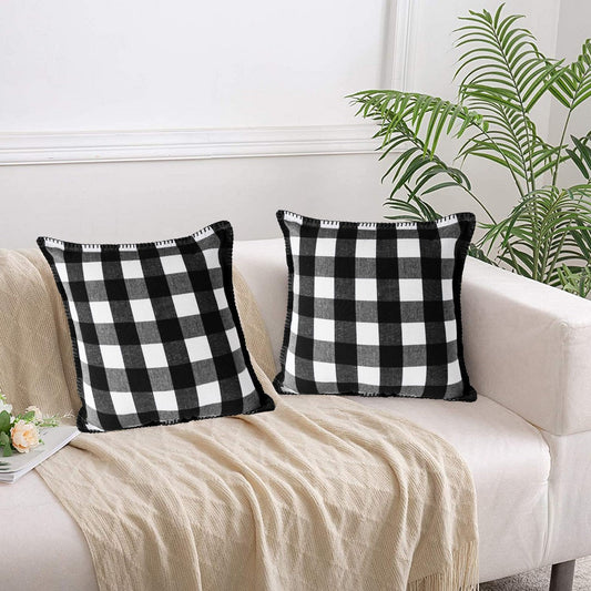 Lushomes 18x18" Black & White Check Cotton Cushion Covers, Set of 2.