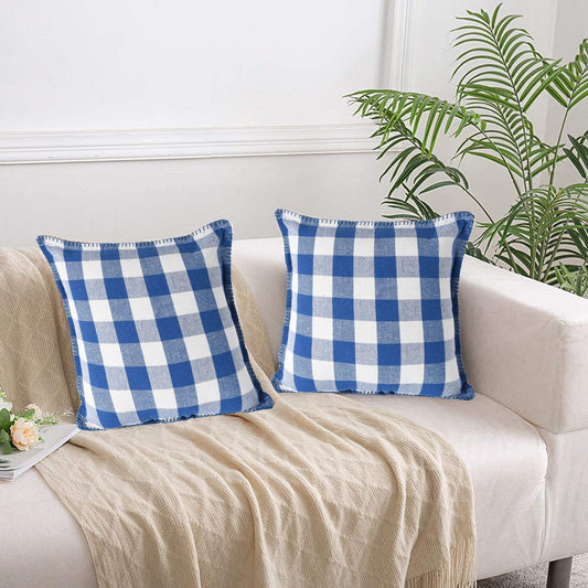 Lushomes Square Cushion Cover with Blanket Stitch Cotton Sofa Pillow Cover Set of 2 20x20 Inch Big Checks Blue and White Checks Pillow Cushions Covers Pack of 2 50x50 Cms