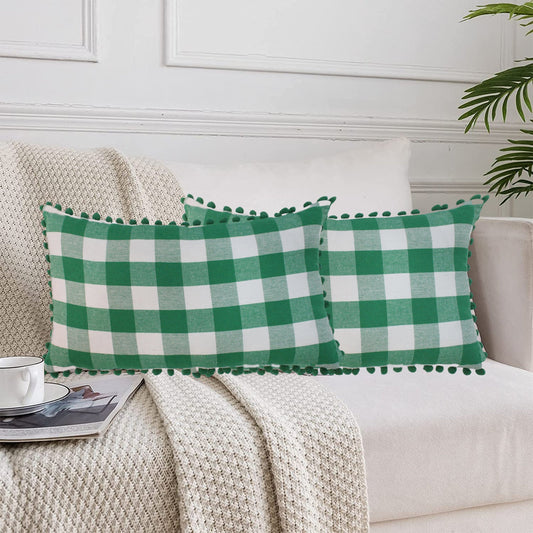 Lushomes Rectangle Cushion Cover Set of 2, 12x20 Inch, Green and White Checks, Pom Pom Cotton, 30x50 Cms.