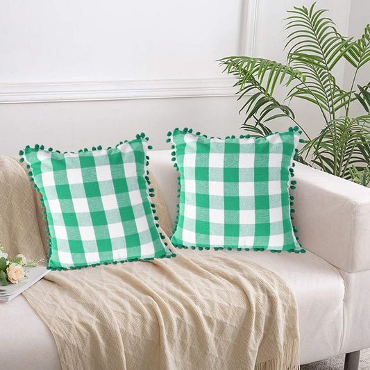 Lushomes Square Cushion Cover with Pom Pom Cotton Sofa Pillow Cover Set of 2 16x16 Inch Big Checks Green and White Checks Pillow Cushions Covers Pack of 2 40x40 Cms