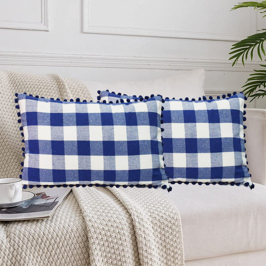 Lushomes Rectangle Cushion Cover Set of 2, 12x20 Inch, Blue and White Checks, Pom Pom Cotton, 30x50 Cms.