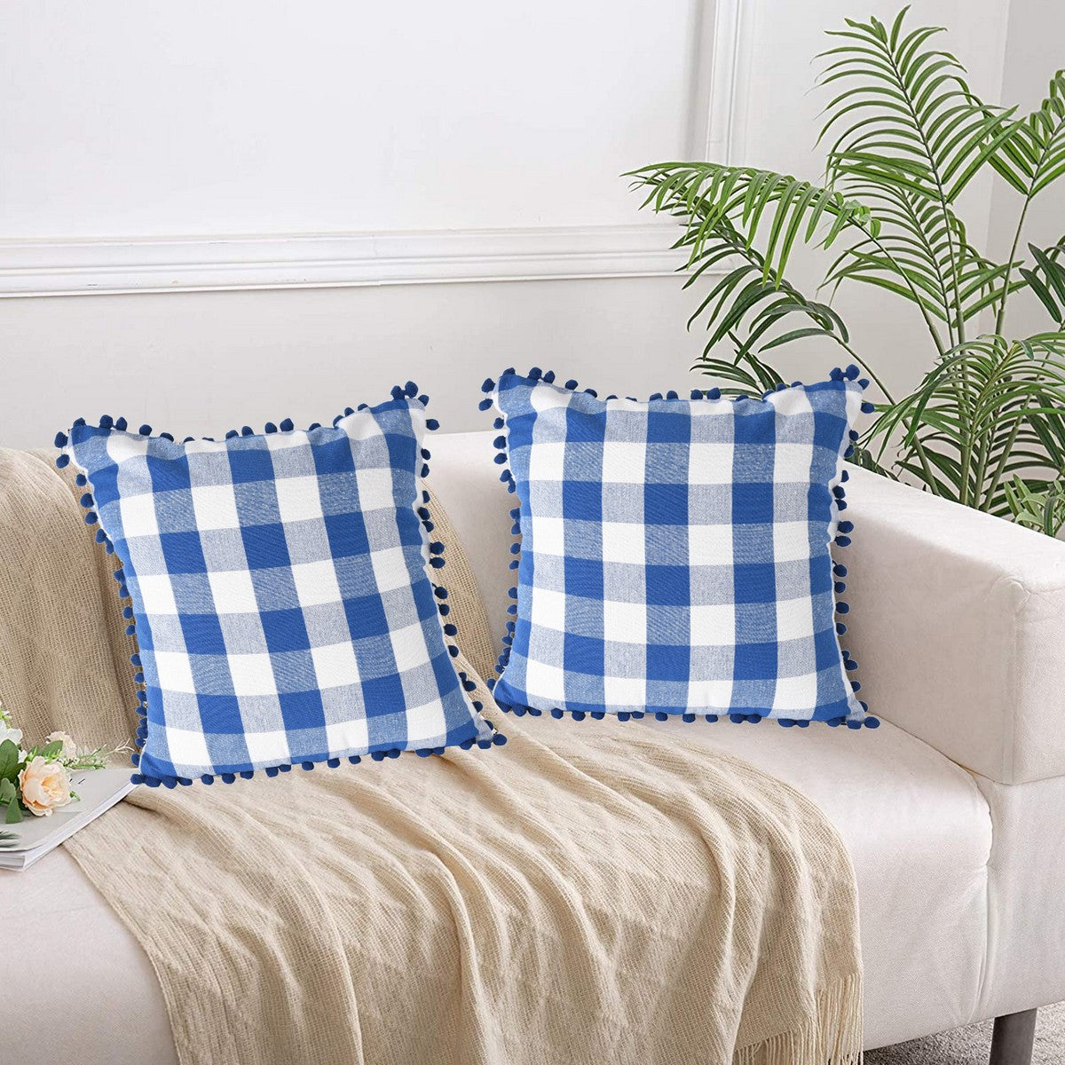 Lushomes 16x16" Blue & White Check Cushion Covers with Pom Pom, Set of 2.