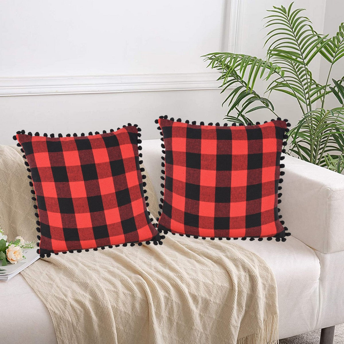 Lushomes 16x16" Red & Black Check Cushion Covers with Pom Pom, Set of 2.