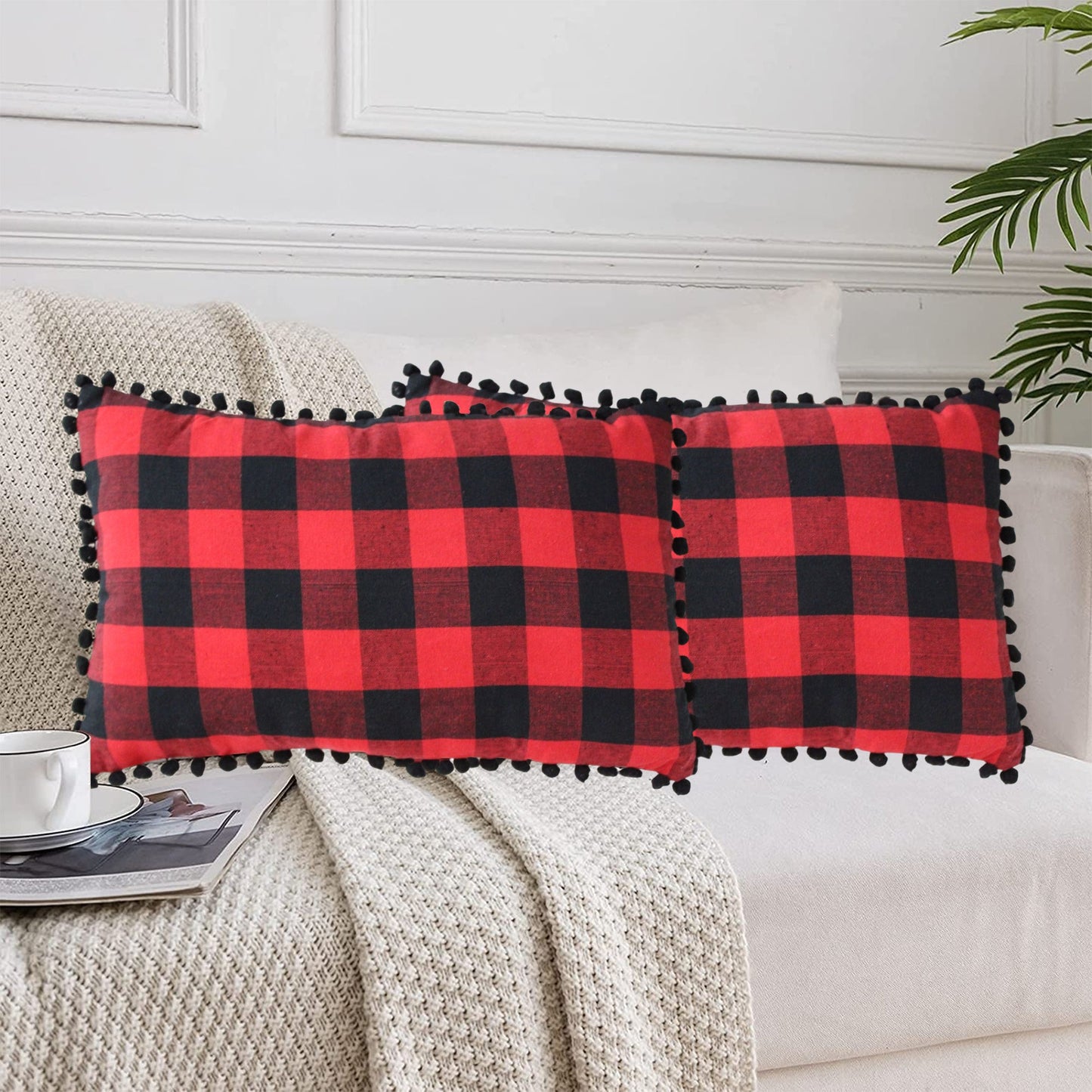 Lushomes Rectangle Cushion Cover Set of 2, 12x20 Inch, Red and Black Checks, Pom Pom Cotton, 30x50 Cms.