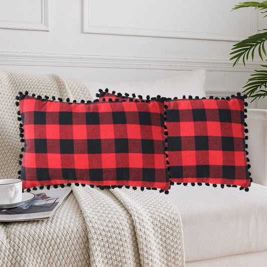 Lushomes Rectangle Cushion Cover Set of 2, 12x20 Inch, Red and Black Checks, Pom Pom Cotton, 30x50 Cms.