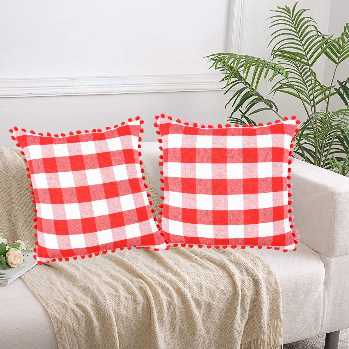 Lushomes 16x16" Red & White Check Cushion Covers, Set of 2, with Pom Pom, Cotton.