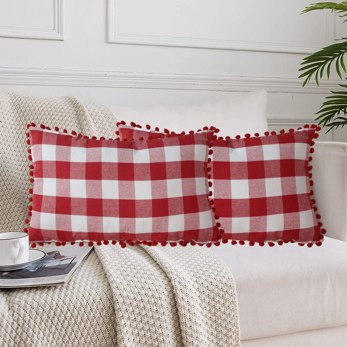 Lushomes Rectangle Cushion Cover Set of 2, 12x20 Inch, Red and White Checks, Pom Pom Cotton, 30x50 Cms.