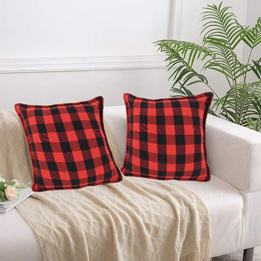 Lushomes Square Cushion Cover with Blanket Stitch Cotton Sofa Pillow Cover Set of 2 16x16 Inch Big Checks Red and Black Checks Pillow Cushions Covers Pack of 2 40x40 Cms