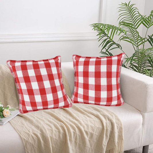 Lushomes Red & White Check Cushion Covers, Set of 2, 16x16 Inch, Cotton, Blanket Stitch.