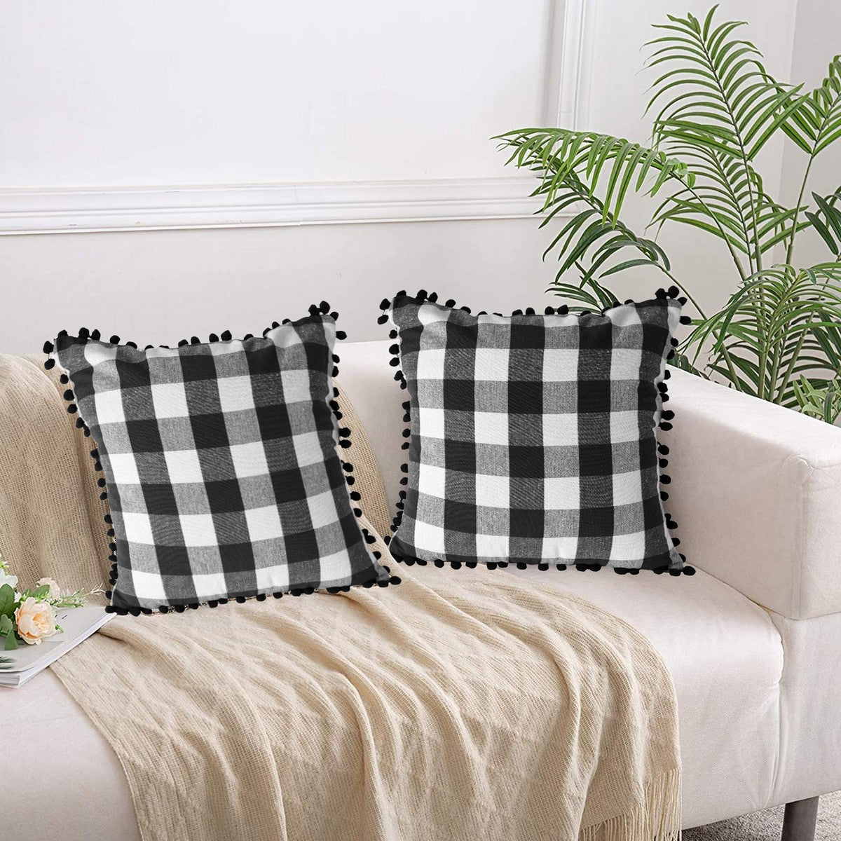 Lushomes 16x16" Black & White Check Cushion Covers with Pom Pom, Set of 2.