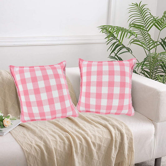 Lushomes Cushion Cover Set of 2, 18x18 Inch, Pink & White Checks, Cotton, Blanket Stitch, 45x45 cm.