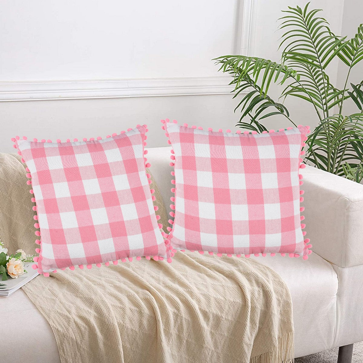 Lushomes Square Cushion Cover with Pom Pom Cotton Sofa Pillow Cover Set of 2 18x18 Inch Big Checks Pink and White Checks Pillow Cushions Covers Pack of 2 45x45 Cms