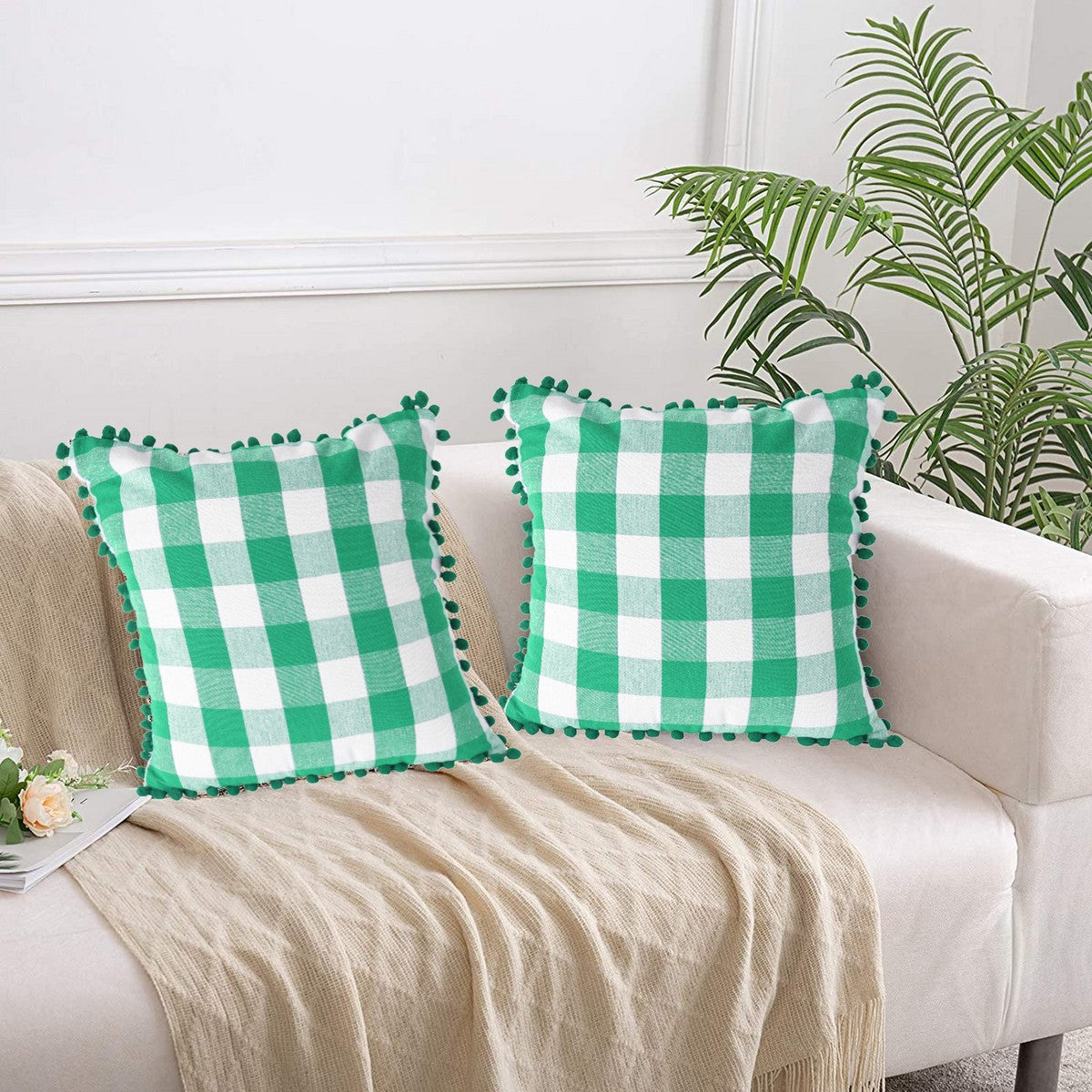 Lushomes 20x20 Inch Green & White Check Cushion Covers with Pom Pom, Set of 2