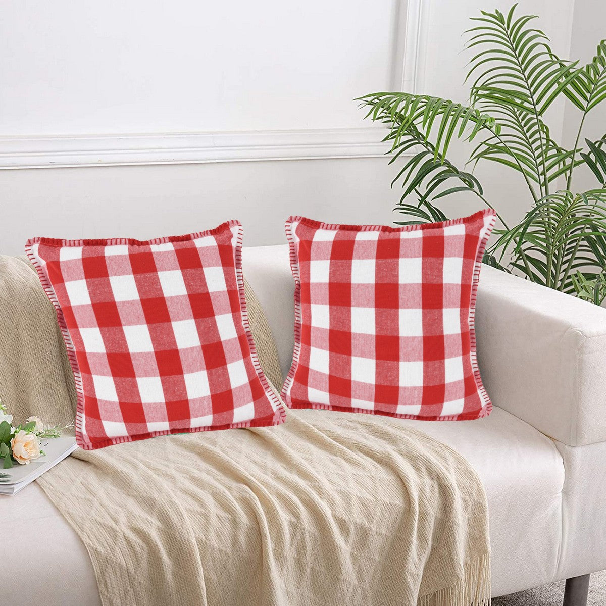 Lushomes 20x20" Red & White Check Cotton Cushion Covers, Set of 2.