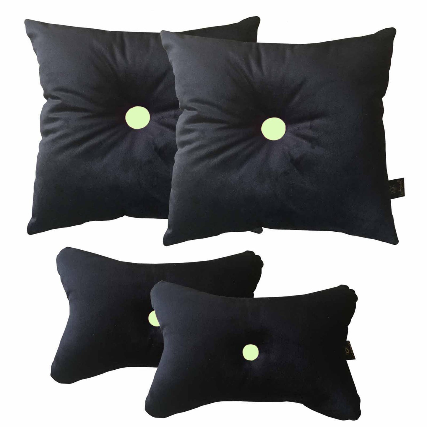 Lushomes Black Velvet & Green car pillow set: 2 cushions (12x12"), 2 neck rest pillows (6x10"). Set of 4.