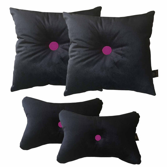 Lushomes Black Velvet & Maroon car pillow set: 2 cushions (12x12 in) & 2 neck rest pillows (6x10 in)