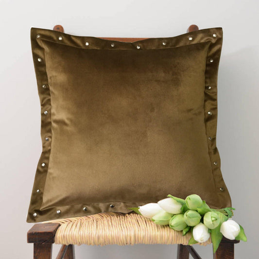 Lushomes Velvet Cushion Cover 16 Inch x 16 Inch With Metal Buttons on all Sides  boho cushion covers cushion covers 16x16 Inches Set of 1 Dark Tan