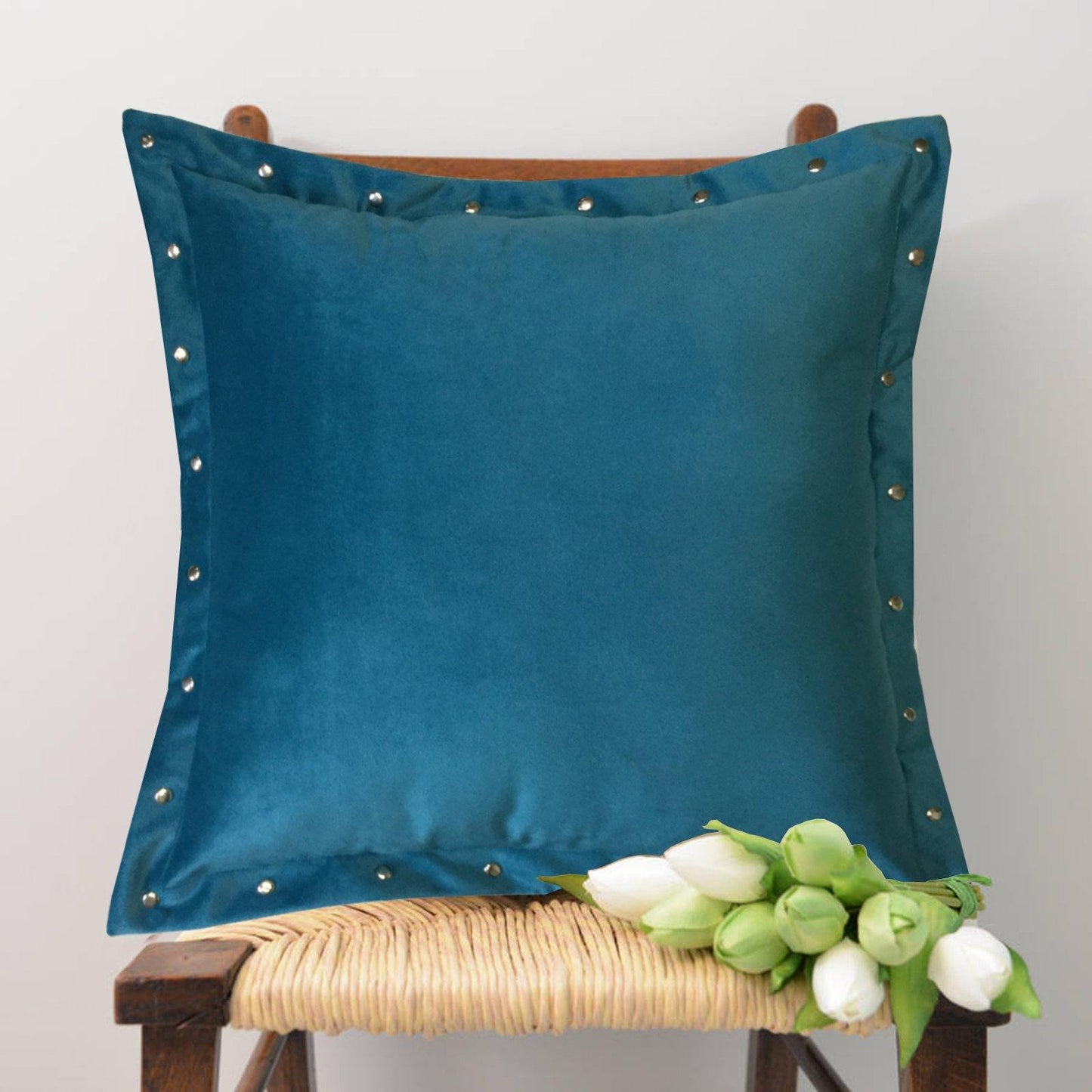 Lushomes Velvet Cushion Cover 16 Inch x 16 Inch With Metal Buttons on all Sides  boho cushion covers cushion covers 16x16 Inches Set of 1 Blue