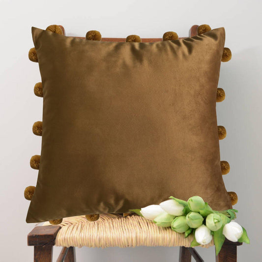 Lushomes Velvet Cushion Covers 16x16 Inches, Set of 2, Dark Tan with tassels and pom poms.