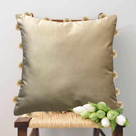 Lushomes Velvet Cushion Covers 16x16 Inches with Tassels & Pom Pom, Set of 2, Beige.