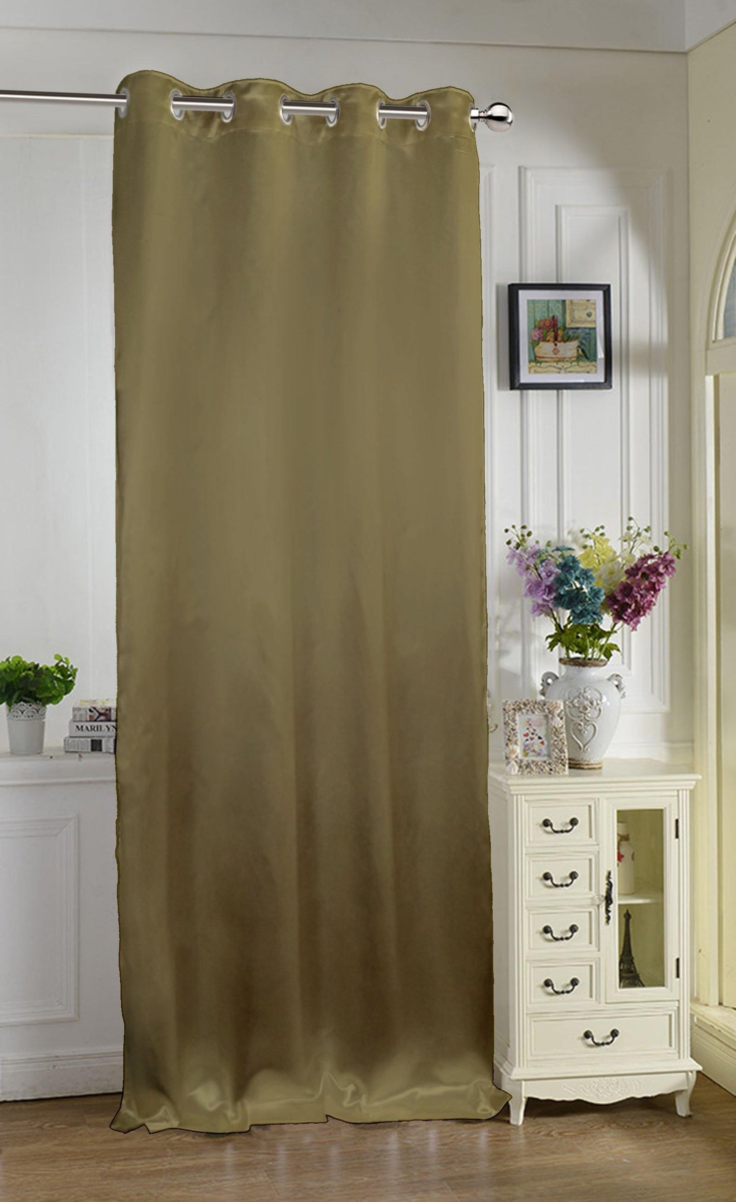 Lushomes Brown Satin Door Curtain, 7.5 ft, 8 Metal Eyelets, 54x90 inches, Single piece.