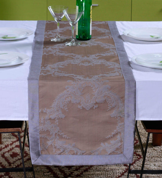 Lushomes table runner for 6 seater Dining Table Warm Silver Pattern 1 Jacquard Dining Table Runner with Polyester Border 16 x 72 inches Single pc