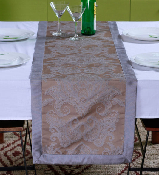 Lushomes table runner for 6 seater Dining Table Warm Silver Pattern 2 Jacquard Dining Table Runner with Polyester Border 16 x 72 inches Single pc