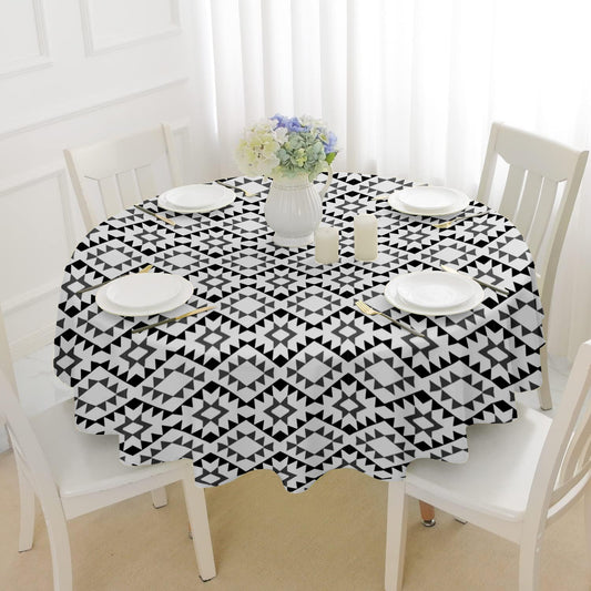 Lushomes 4.75 FT Round Table Cover, Twill Fabric, Black & Grey Geometric Design, Machine Wash, Fits 4 Seater Dining Table.