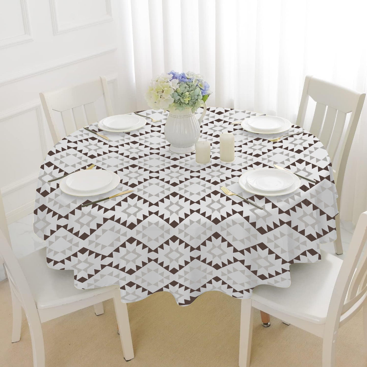 Lushomes 4.75 FT Round Table Cover for 4 Seater, Machine Wash Twill Fabric, Beige & Coffee Geometric Design.