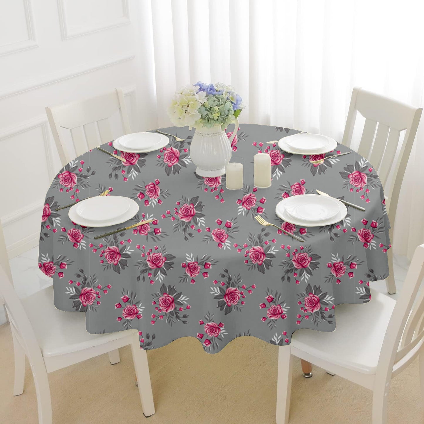 Lushomes 4.75 FT Round Table Cover, Twill Fabric, Grey Flowers, Machine Wash, for 4 Seater Dining Table.