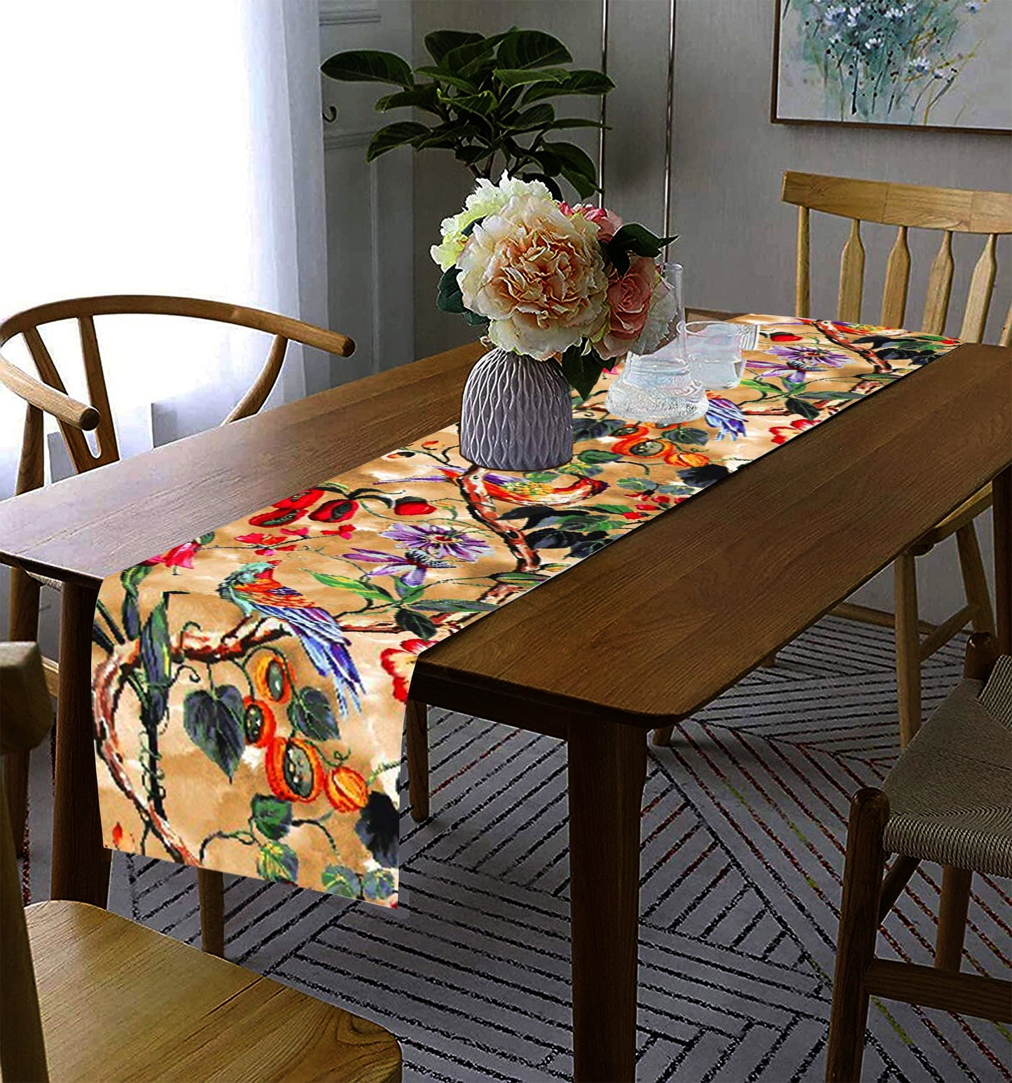 Lushomes Peacock Printed Table Runner, 13x72 Inches, Cotton, for 6-seater Dining, Living Room, Center, Coffee Table.