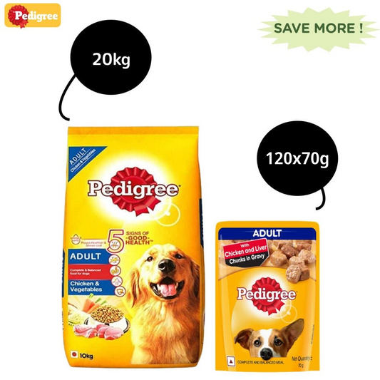 Pedigree Chicken  Liver Chunks in Gravy Wet and Chicken  Vegetables Dry Adult Dog Food Combo