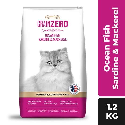 Signature Grain Zero Ocean Fish Sardine and Mackerel Long Coat  Persian Adult Cat Dry Food