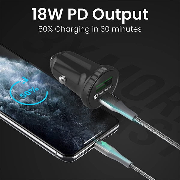 Portronics CarPower Mini Car Charger with Dual Output Fast Charging Type C PD 18W  QC 3.0A Compatible with All Smartphones