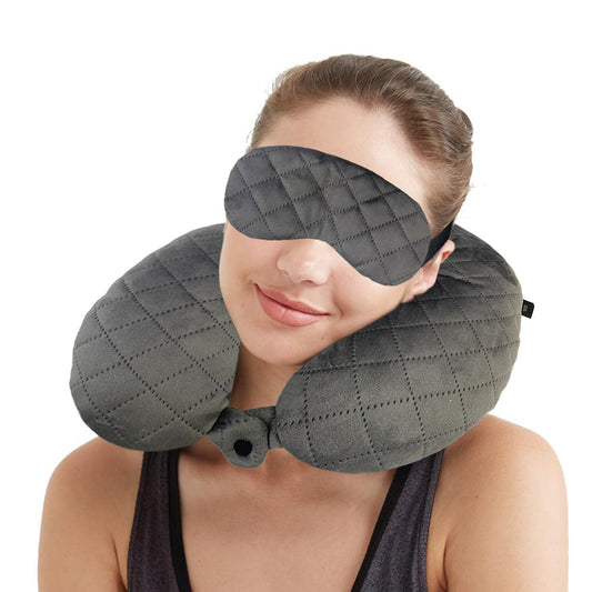 Travel Neck Pillow & Eye Mask Set, Quilted Velvet, Grey. Ideal for Car, Flights, Men & Women. Head & Neck Support, Sleeping Mask.