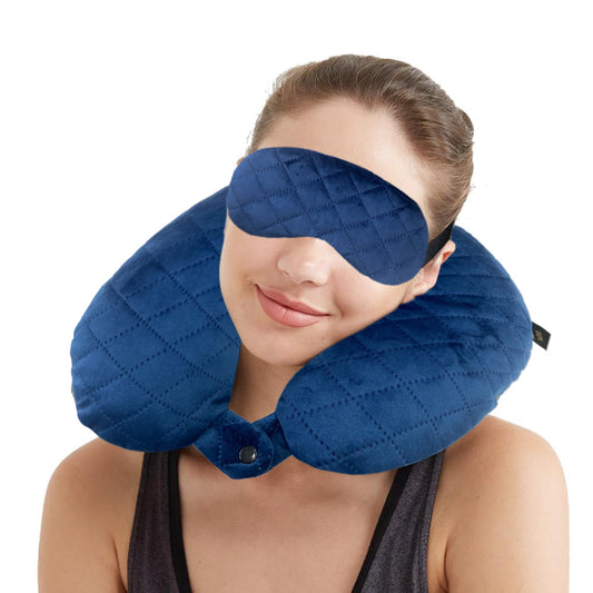 Travel Neck Pillow & Eye Mask Set, Quilted Velvet, Navy Blue, for Car & Flights, Men & Women, Head & Neck Support.