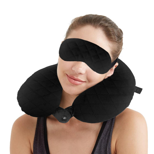 Travel Neck Pillow & Eye Mask Set, Quilted Velvet, for Car, Flights, Men & Women, Head & Neck Support, Black