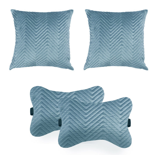 Car Cushion Pillows for Neck Back and Seat Rest Pack of 4 Quilted Blue Velvet Material 2 PCs of Bone Neck Rest Size 6x10 Inches 2 Pcs of Car Cushion Size 12x12 Inches by Lushomes
