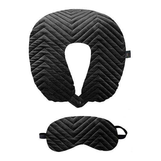 Travel Neck Pillow & Eye Mask Set, Quilted Velvet, for Car, Flights, Men & Women, Head & Neck Support, Black.