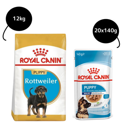 Royal Canin Rottweiler Puppy Dry Food and Maxi Puppy Dog Wet Food Combo