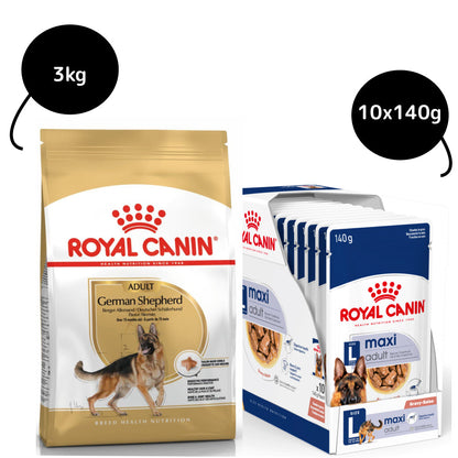 Royal Canin German Shepherd Dry Food and Maxi Adult Dog Wet Food Combo