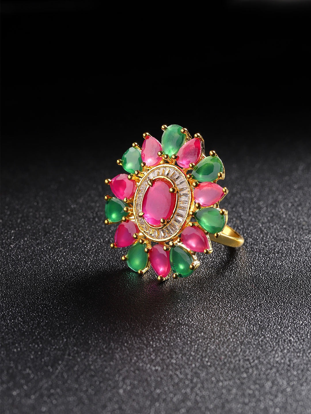 Gold-Plated Magenta and Green Adjustable Ring in Floral Patterned Studded with American Diamond Ruby and Emerald