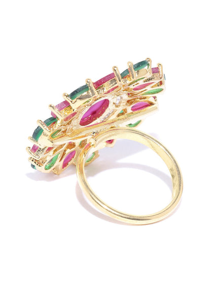 Gold-Plated Magenta and Green Adjustable Ring in Floral Patterned Studded with American Diamond Ruby and Emerald