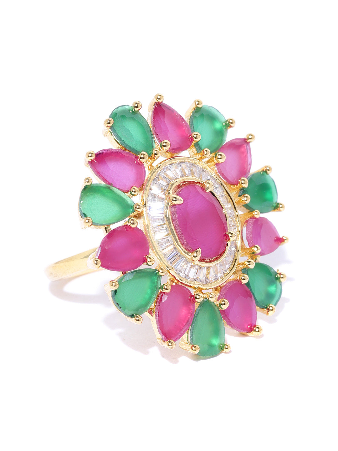 Gold-Plated Magenta and Green Adjustable Ring in Floral Patterned Studded with American Diamond Ruby and Emerald