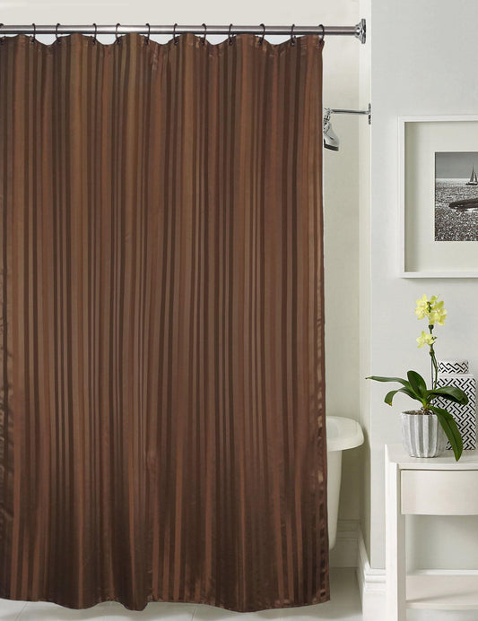 Lushomes Striped Brown Satin Polyester Shower Curtain 6x6.5 ft, waterproof, 12 eyelet hooks, non-PVC, for washroom/balcony.