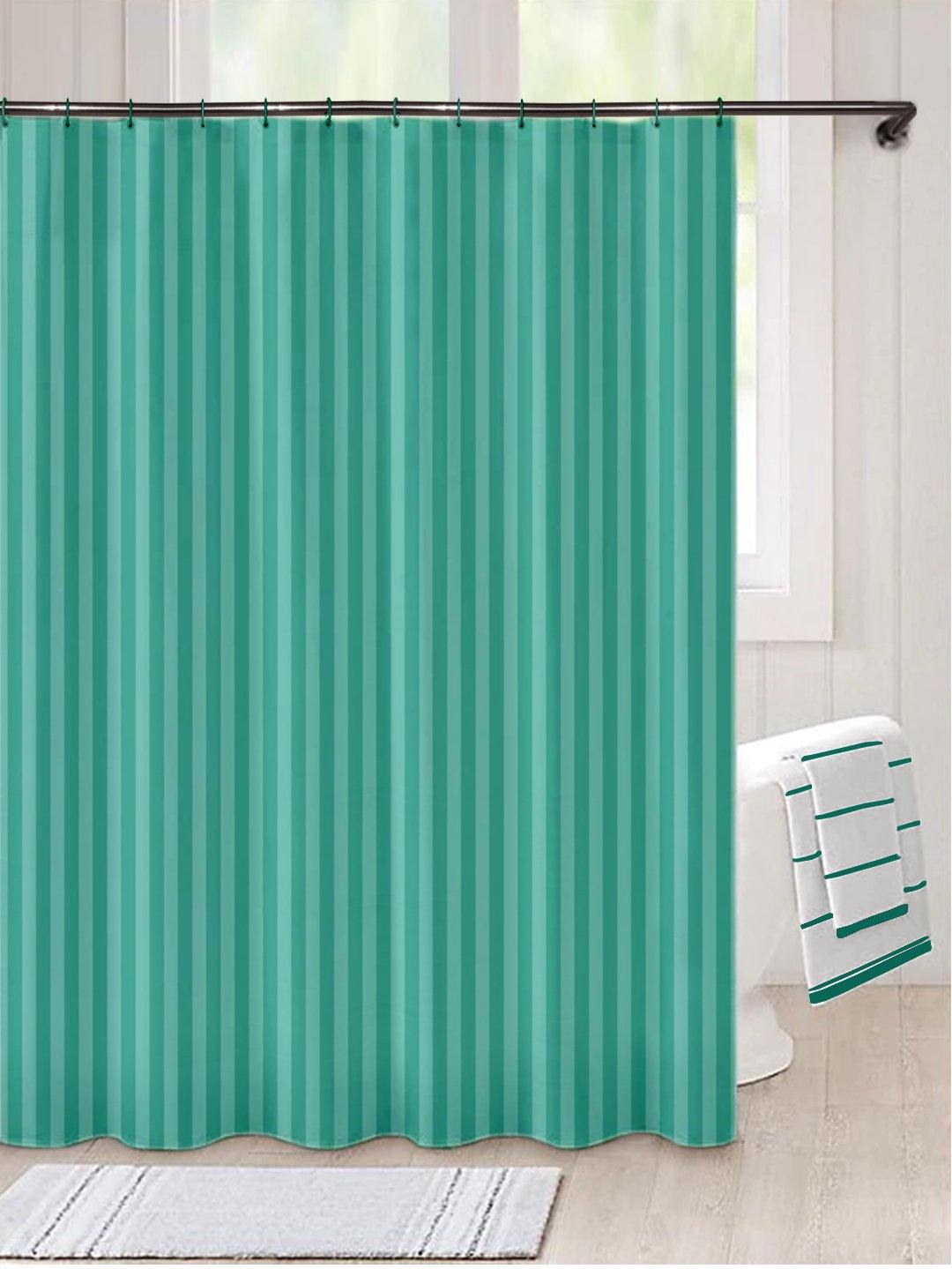 Lushomes Green Striped Satin Polyester Shower Curtain 6x6.5 ft, waterproof, 12 eyelets, hooks included.