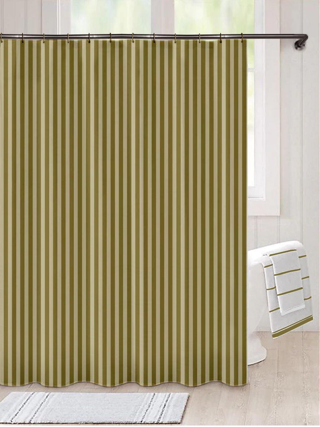 Lushomes Striped Green Satin Stripe Polyester Shower Curtain 6x6.5 ft, waterproof, 12 eyelet hooks, non-PVC, for washroom/balcony.