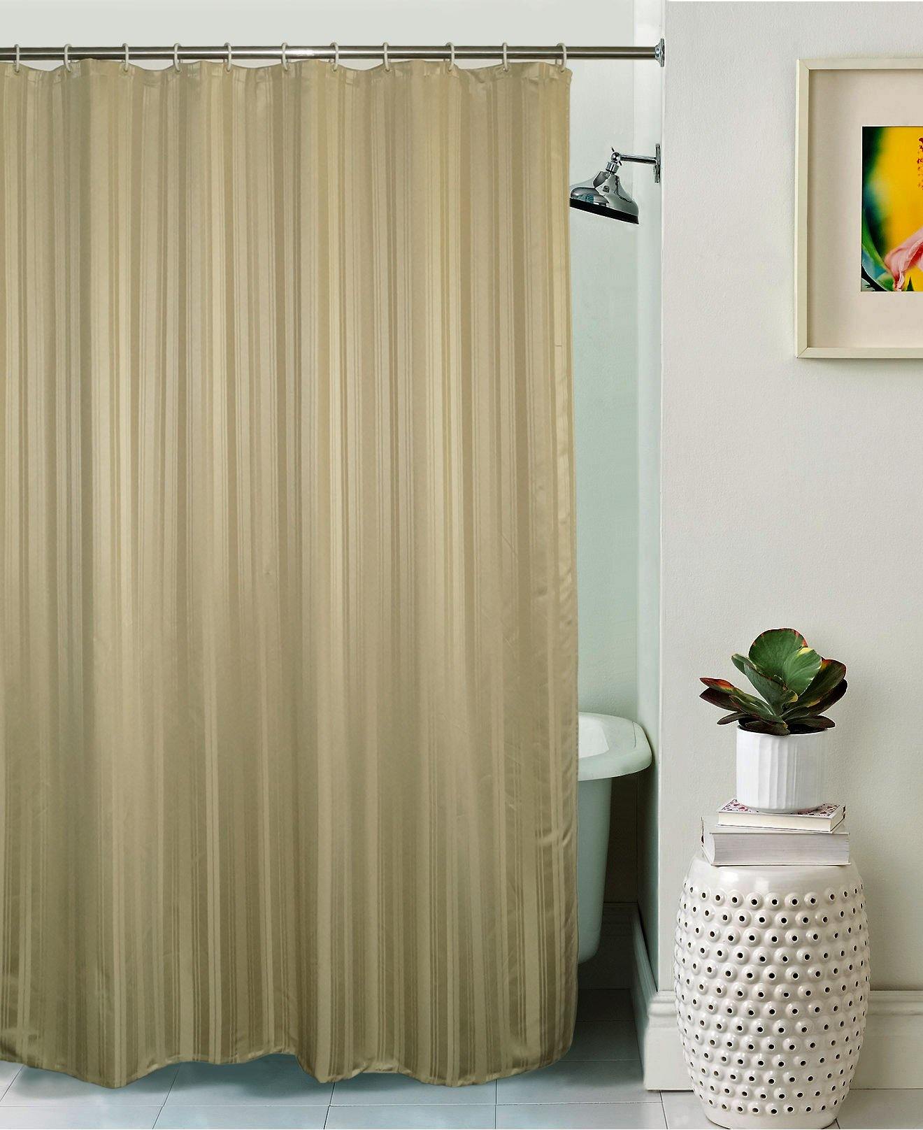 Lushomes Striped Beige Shower Curtain, Waterproof Polyester, 6x6.5 ft, 12 Eyelet Hooks, Non-PVC, For Washroom/Balcony.